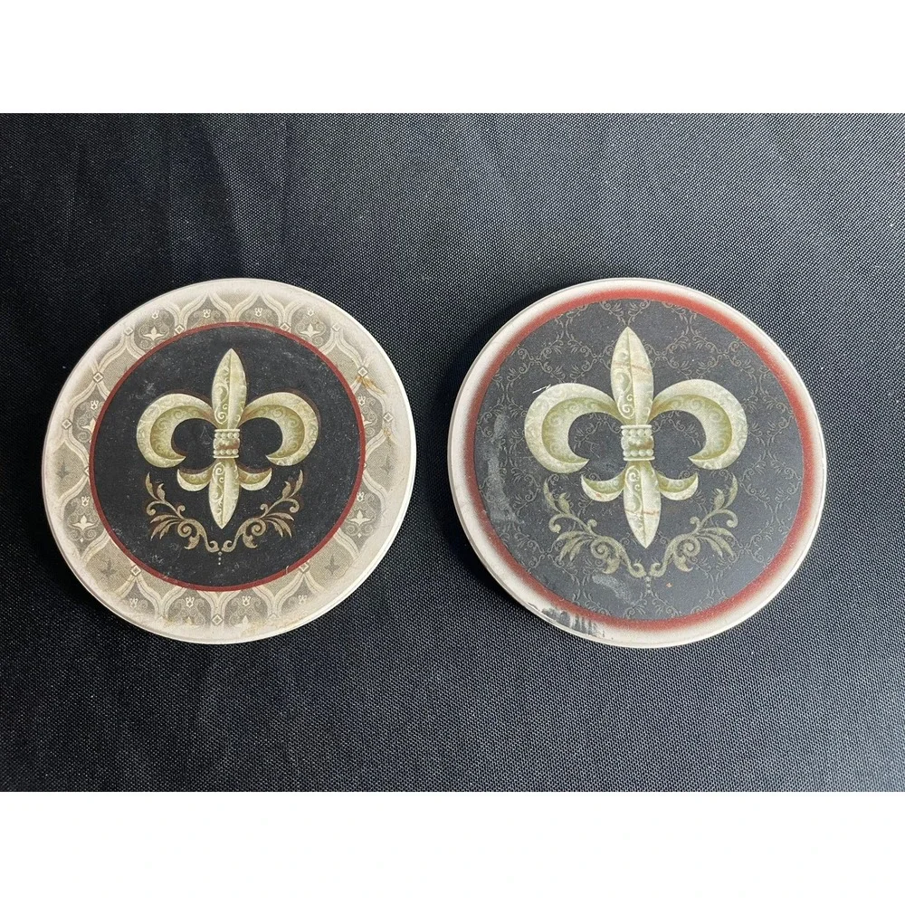 Fleur De Lis Stone Coasters Set of 2 Black Cream French Country Decor 4 Inch